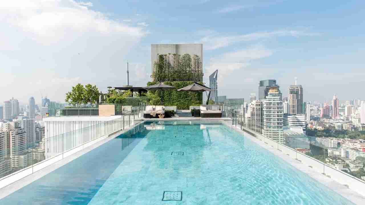 swimming pool rooftop of 137 pillars suites residences in Bangkok Thailand