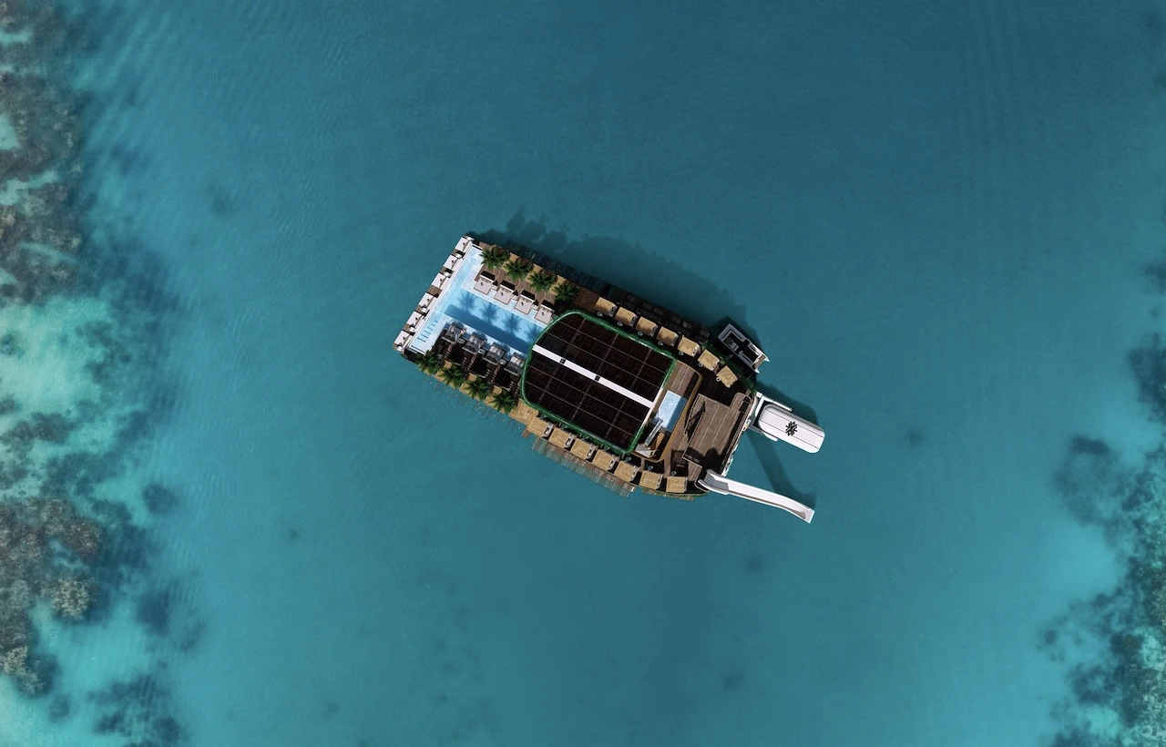 view from above of yona beach club, a luxury floating beach club in phuket