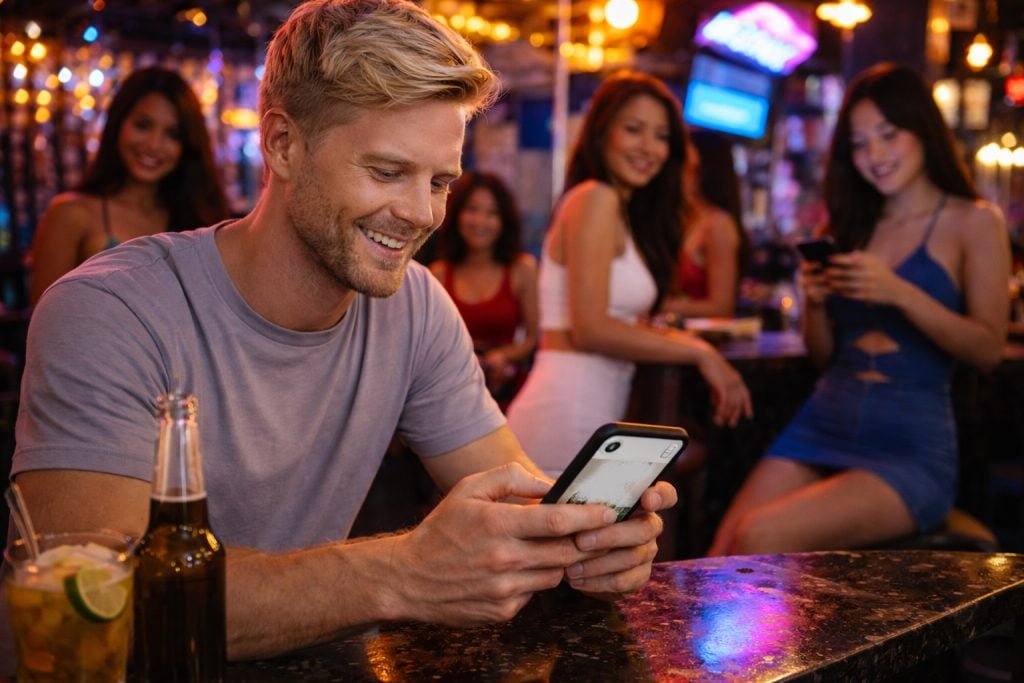 一名男子在酒吧使用约会软件寻找节日女友