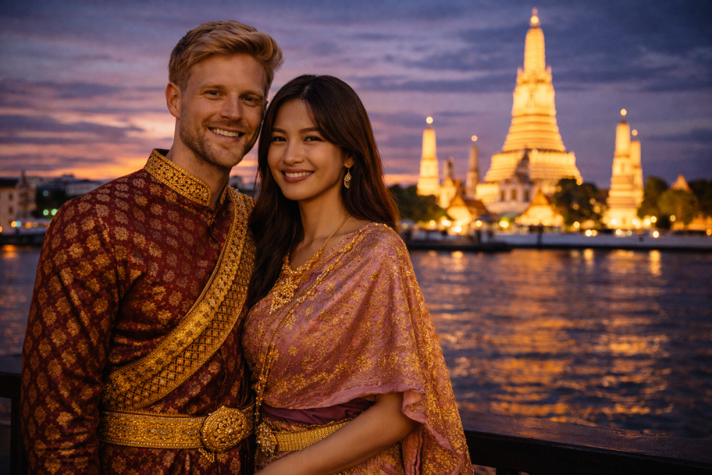 一位身着泰国传统服装的男子与他的女友在曼谷地标拍照留念