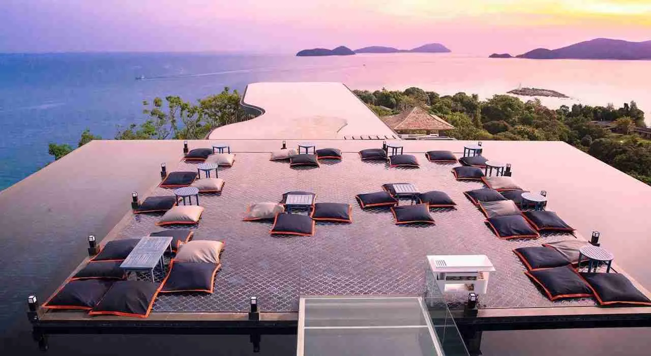 baba nest rooftop bar in Phuket Thailand during the sunset
