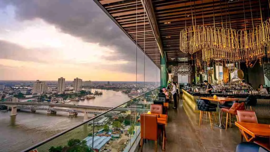 the best luxury rooftop bar in Bangkok with expensive decoration and river view