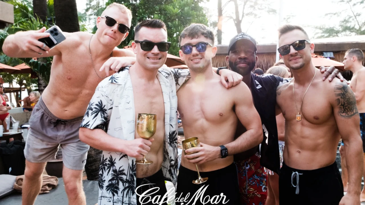 Group celebrating a lively bachelor party in Phuket, Thailand.