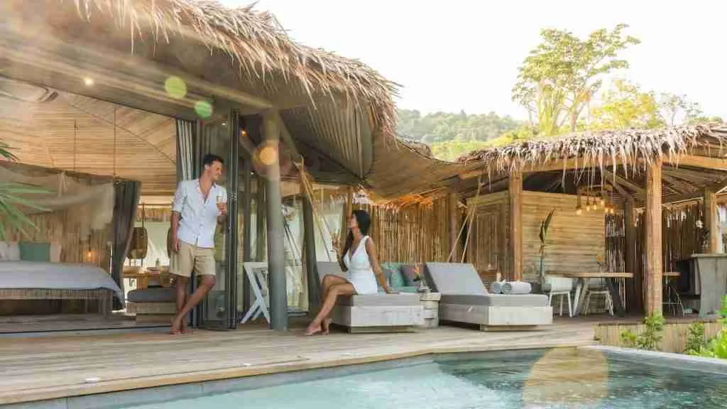 couple at a private pool villa at beach resort in Thailand