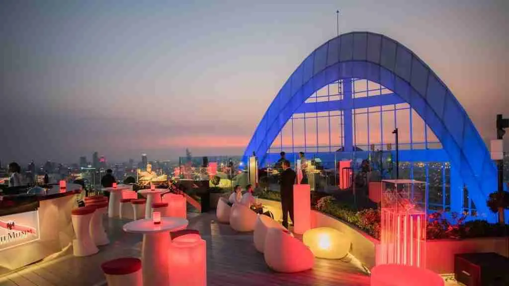 Cru Champagne rooftop bar in Bangkok during the sunset