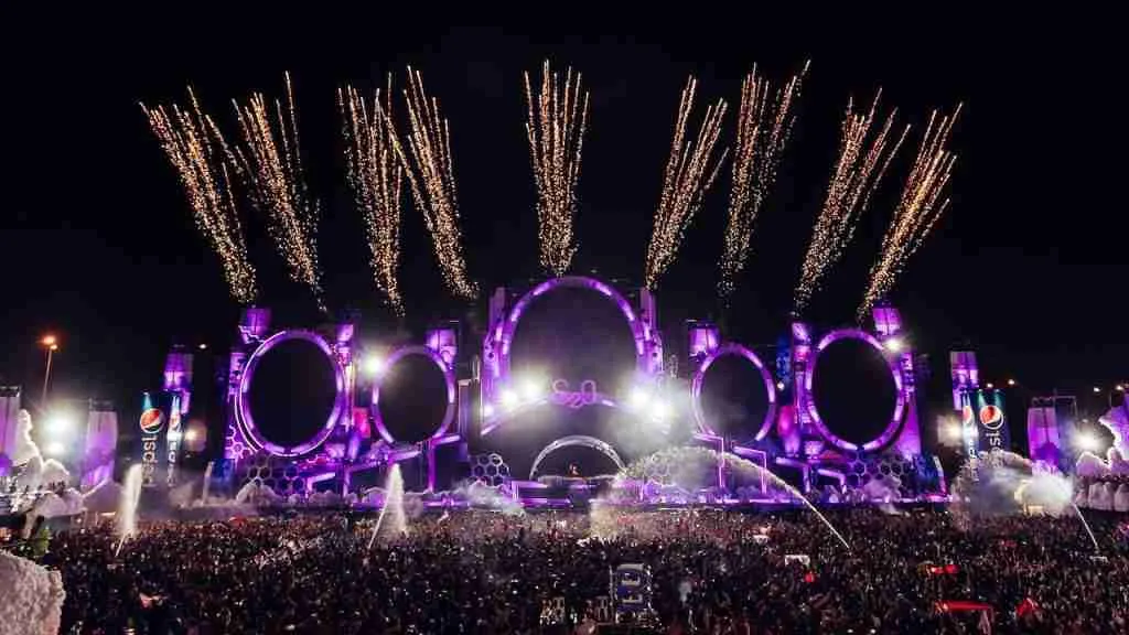 fireworks over the stage at S20 Songkran music festival in Bangkok