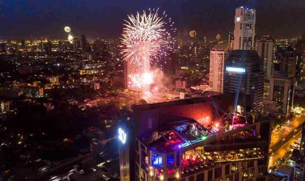 fireworks over hiso rooftop bar at So Bangkok hotel