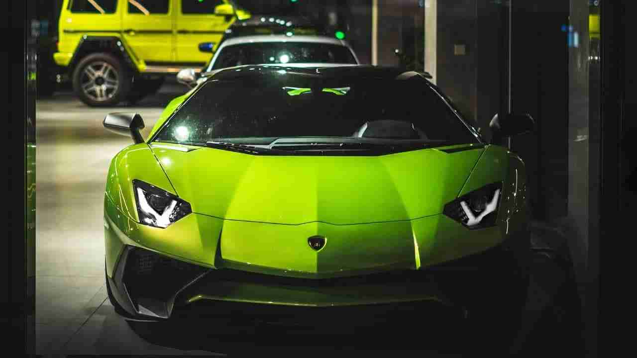 a green Lamborghini in a garage in Bangkok Thailand