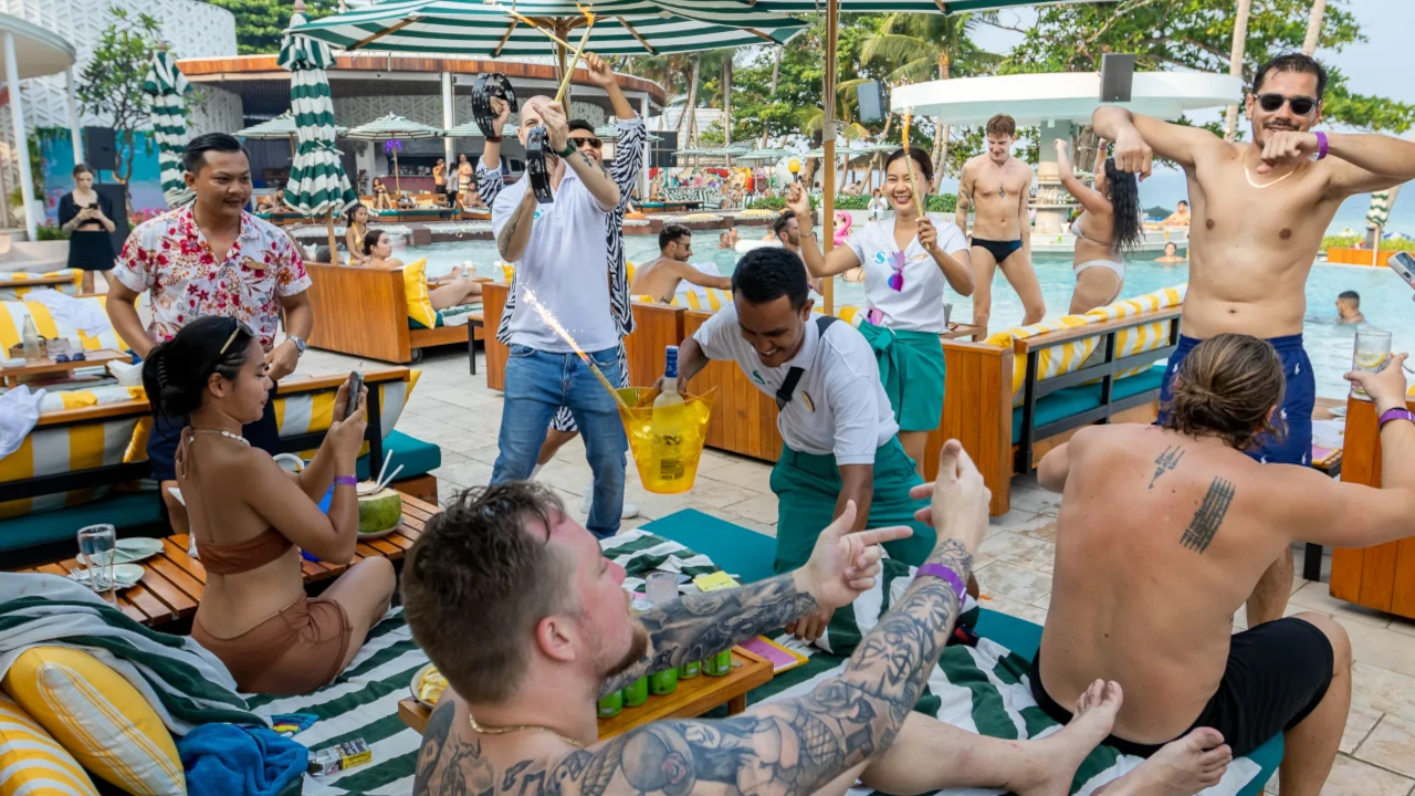 VIP bachelor party group having a memorable time at a luxurious resort in Koh Samui.