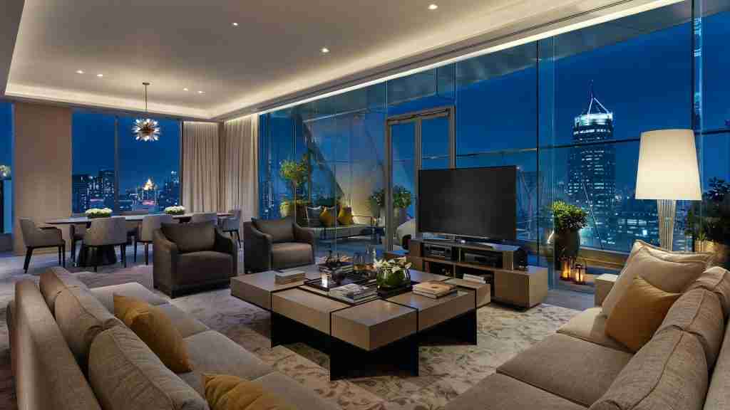 interior of the luxury presidential suite of the park hyatt hotel in Bangkok at night
