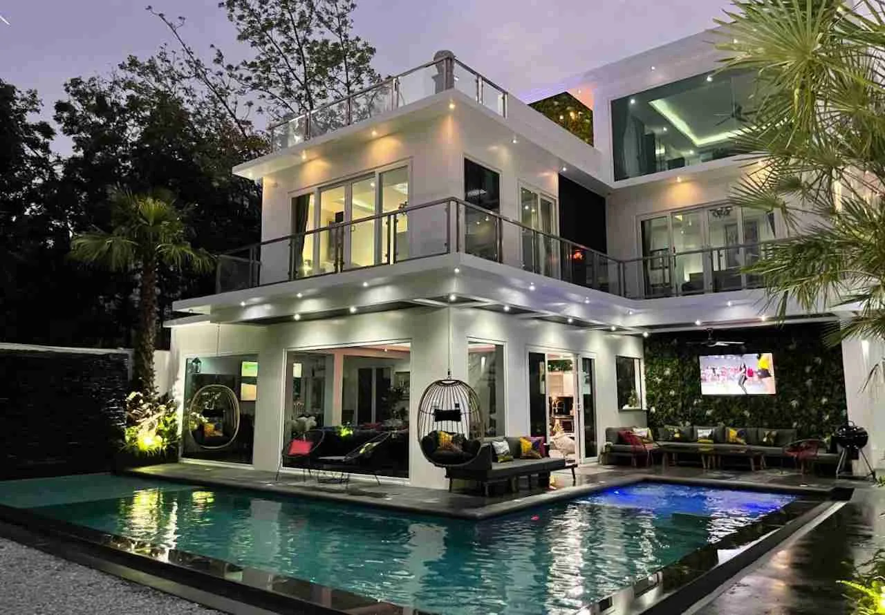 luxury designer pool villa in Pattaya at night