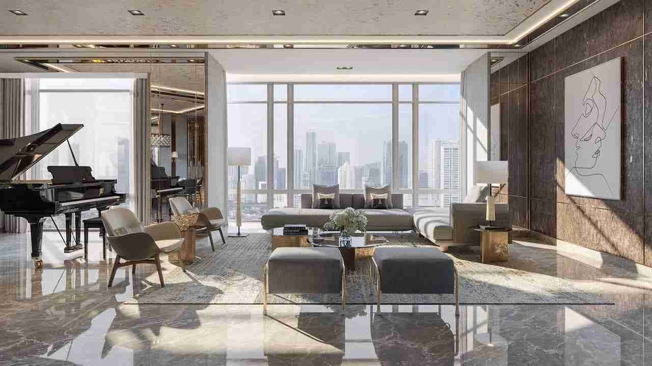 luxury living room with a piano at Four Seasons Residence in Bangkok