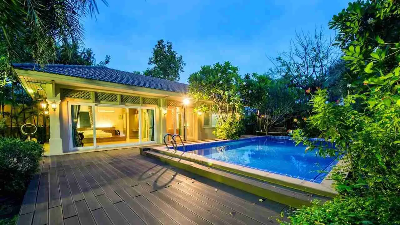 luxury private pool villa in Bangkok at night