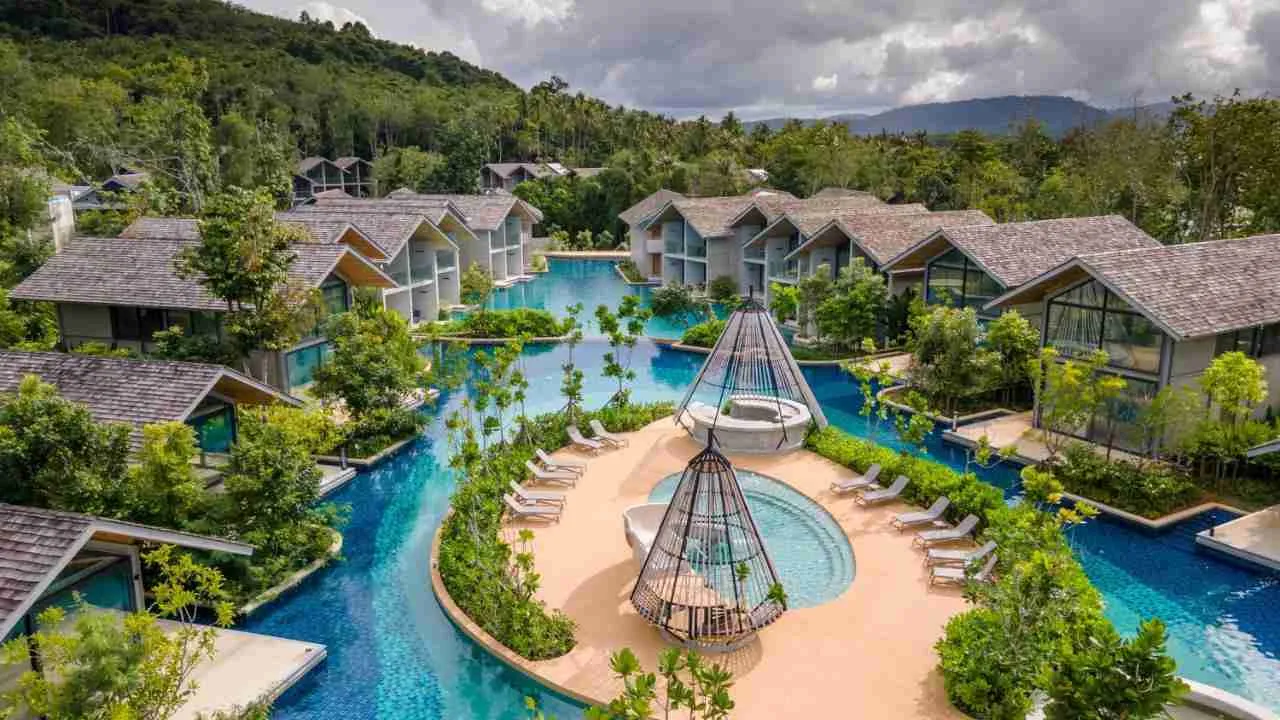 aerial view of the central pool of Island Escape resort by Burasari in Phuket Thailand