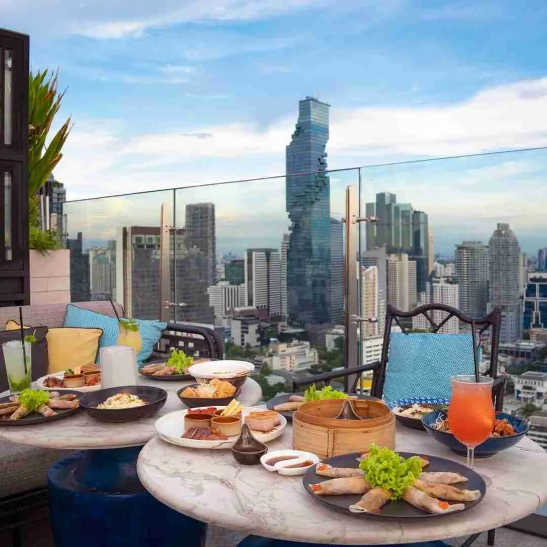 rooftop brunch in Bangkok with view over the Mahanakhon tower