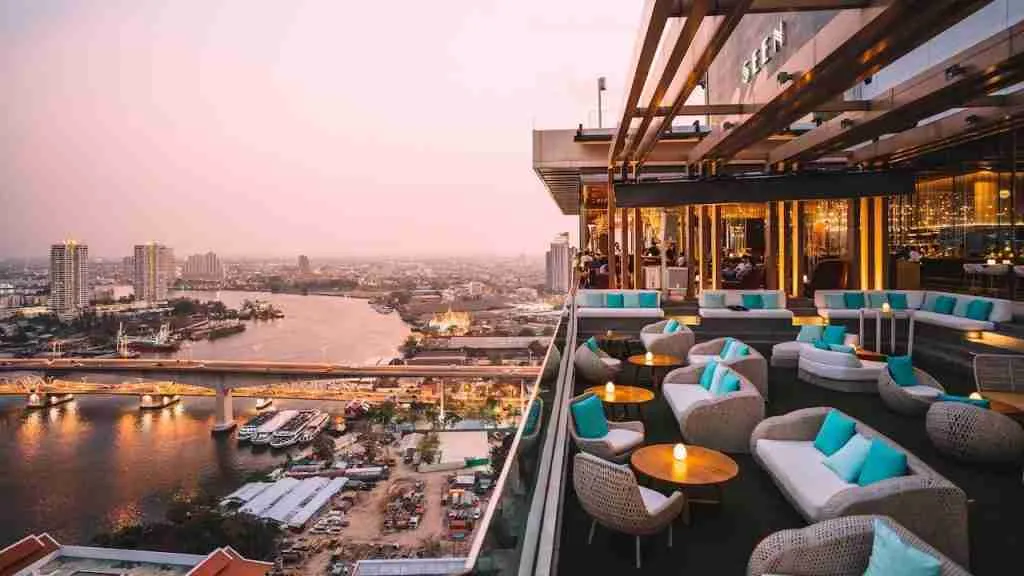 Seen rooftop bar and lounge in Bangkok with river view over the Chao Phraya