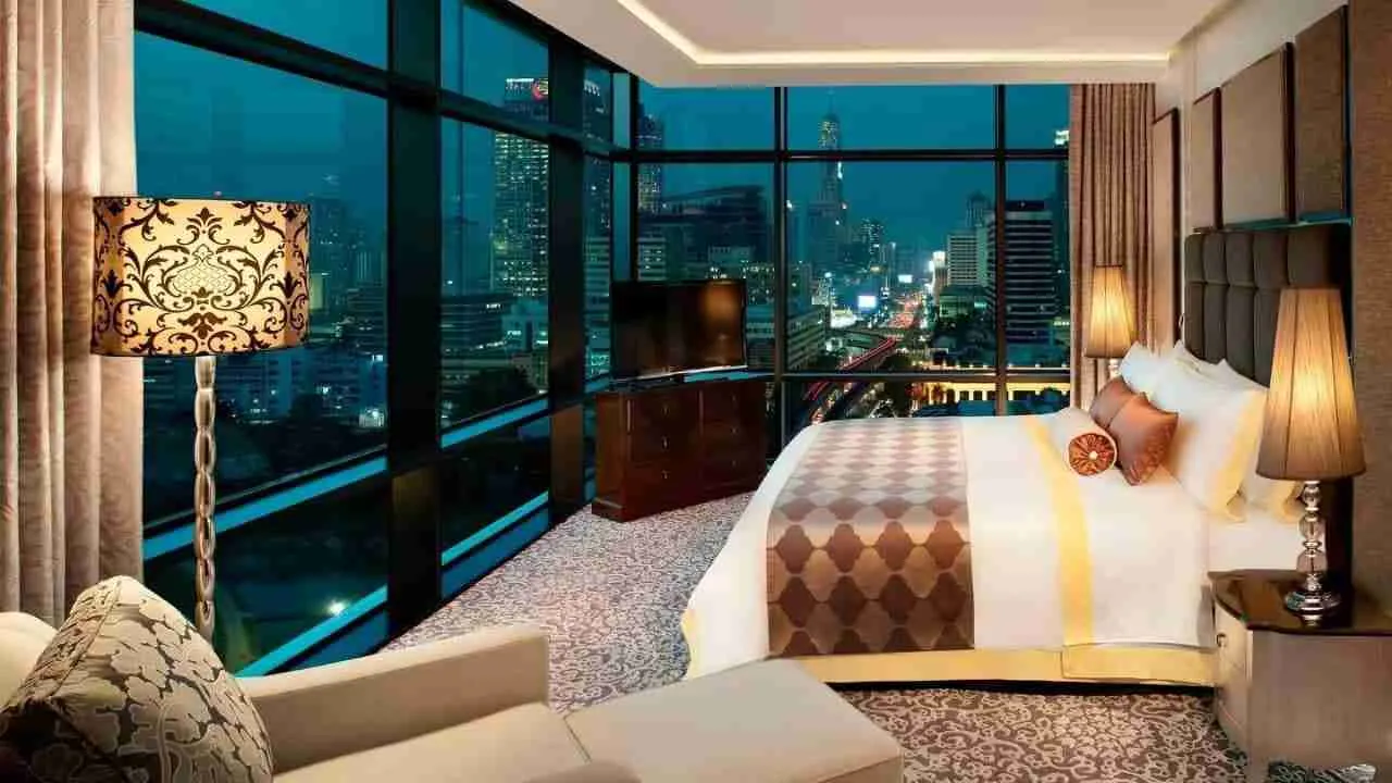 bedroom and view of the city from St Regis Bangkok