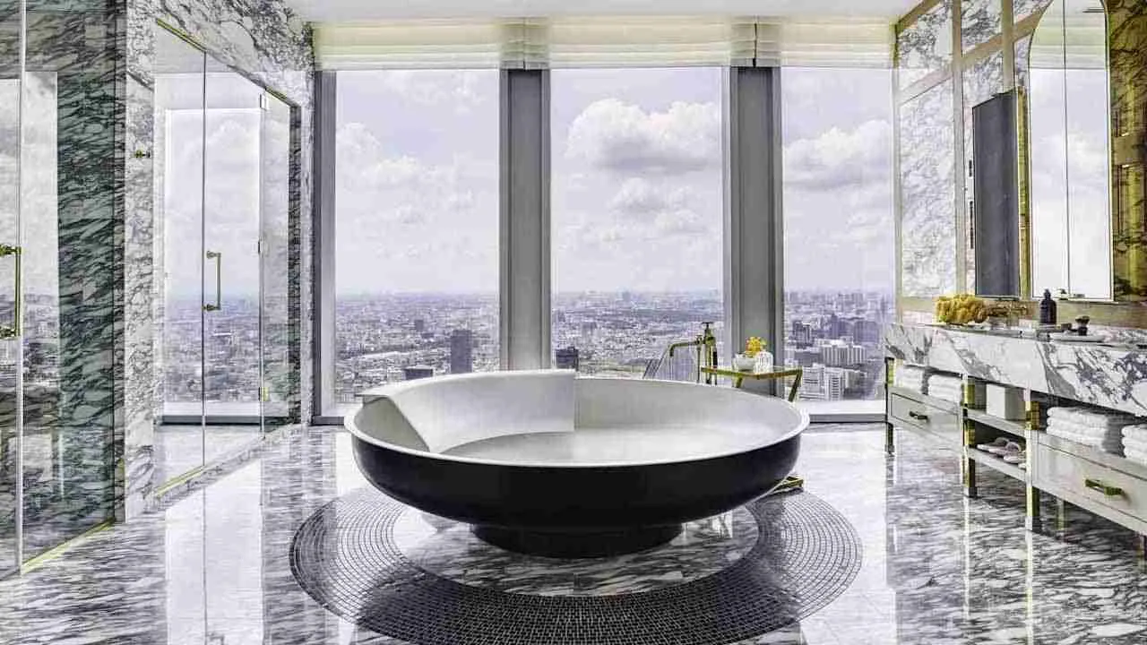 bathroom with view over Bangkok at The Ritz Carlton residences luxury condominium