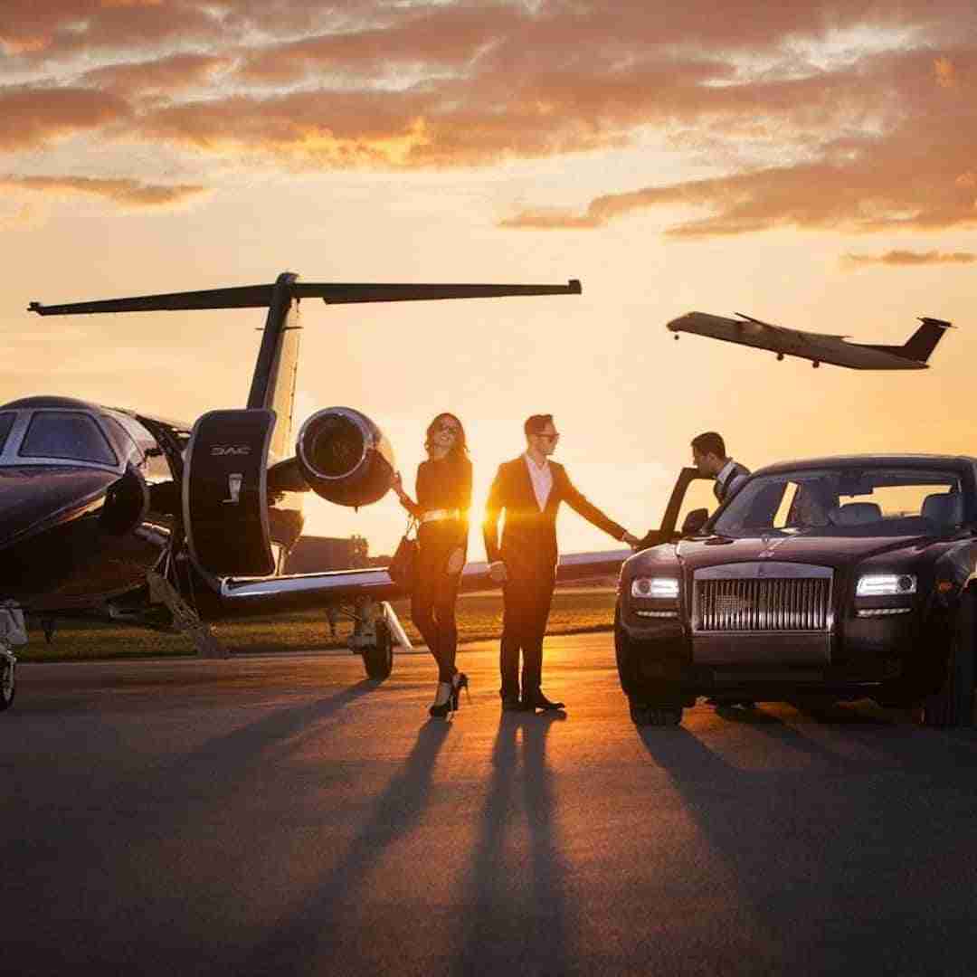 vip airport transfer from a private jet to a luxury limousine