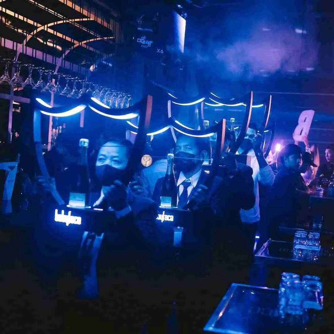 VIP service of champagne bottles at a nightclub in Bangkok